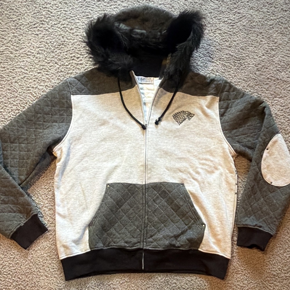 Game of Thrones House Stark Full Zip Hoodie Mens M Faux Fur Quilted Direwolf